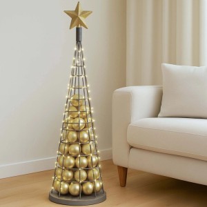 Silberfarbener Deko-Baum aus Metall, 115 cm hoch, mit goldenen Kugeln und Stern als Weihnachtsdekoration.
