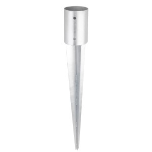 Feuerverzinkte Einschlagbodenhülse für Rundhölzer, 101 mm Durchmesser, 600 mm Länge.