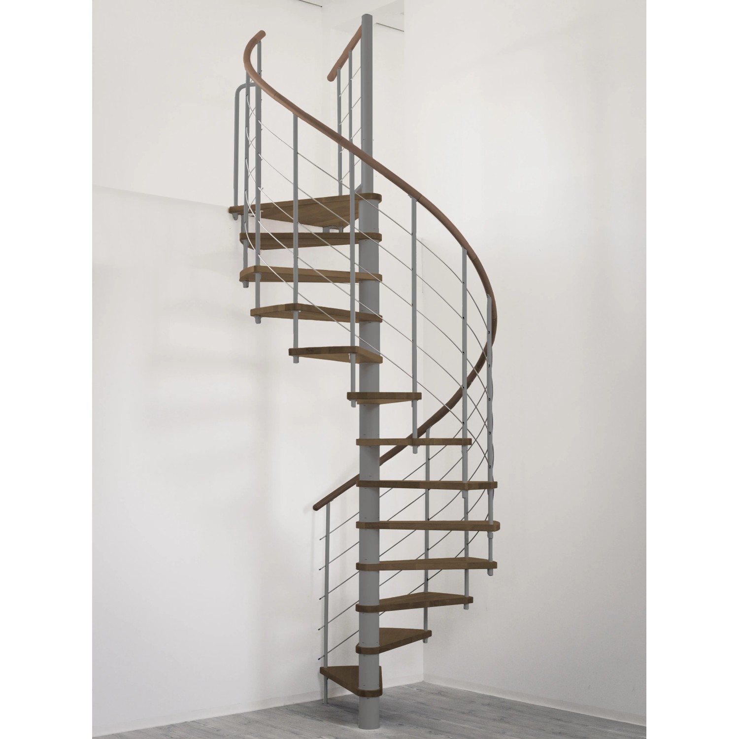 Minka Spindeltreppe Venezia, Ø 120 cm, Walnuss/Grau. Innentreppe mit Holzstufen und Edelstahlgeländer.