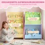 Rosa AIYAPLAY Kinderregal aus MDF mit Bücher- und Spielzeugfächern; Mädchen nimmt Buch heraus. Montessori-Design.