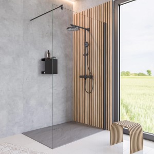 Schulte Walk In Dusche Alexa Style 2.0, Frontteil in Mattschwarz und Klarglas, 200x90 cm.