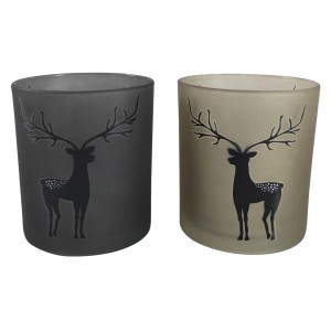Windlicht mit Hirschmotiv, 2-fach sortiert in Grau und Beige, Ø 7 cm.
