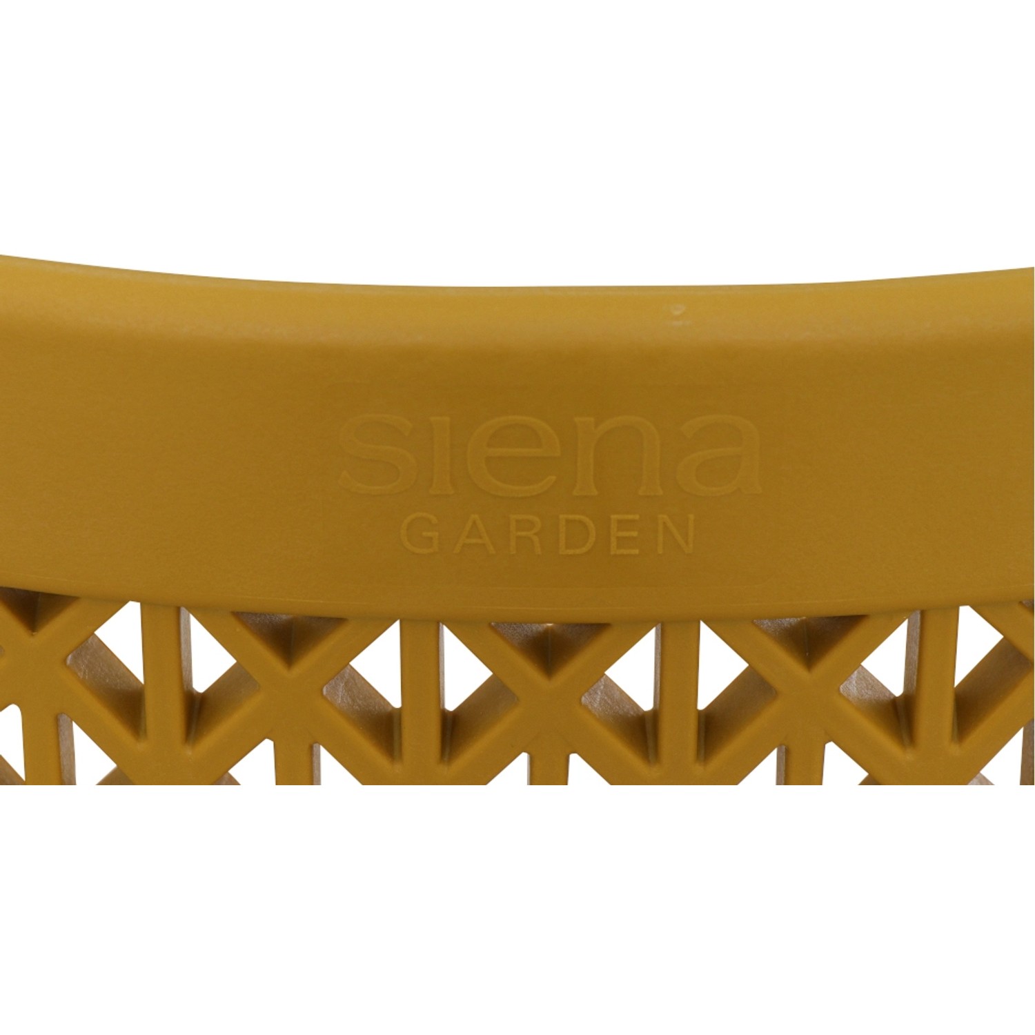 Detailansicht: Siena Garden District Stapelsessel in Senfgelb mit Markenlogo und Rückenlehnenmuster.