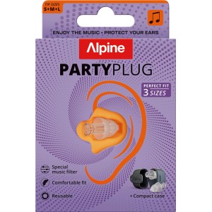 Alpine PartyPlug Ohrstöpsel S/M/L auf lila Verpackung. Gehörschutz für Musik-Events mit 3 Größen und Etui.