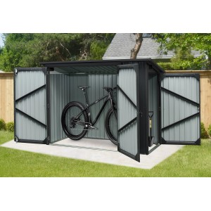 Floraworld Multifunktionsunterstand 3-in-1 mit Fahrrad, Gartengeräten und Seitentür.