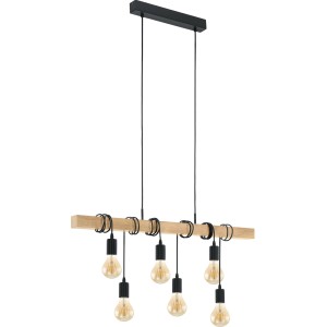 Eglo Townshend Pendelleuchte, 6-flammig, schwarz-braun, Vintage-Design mit Holzbalken.