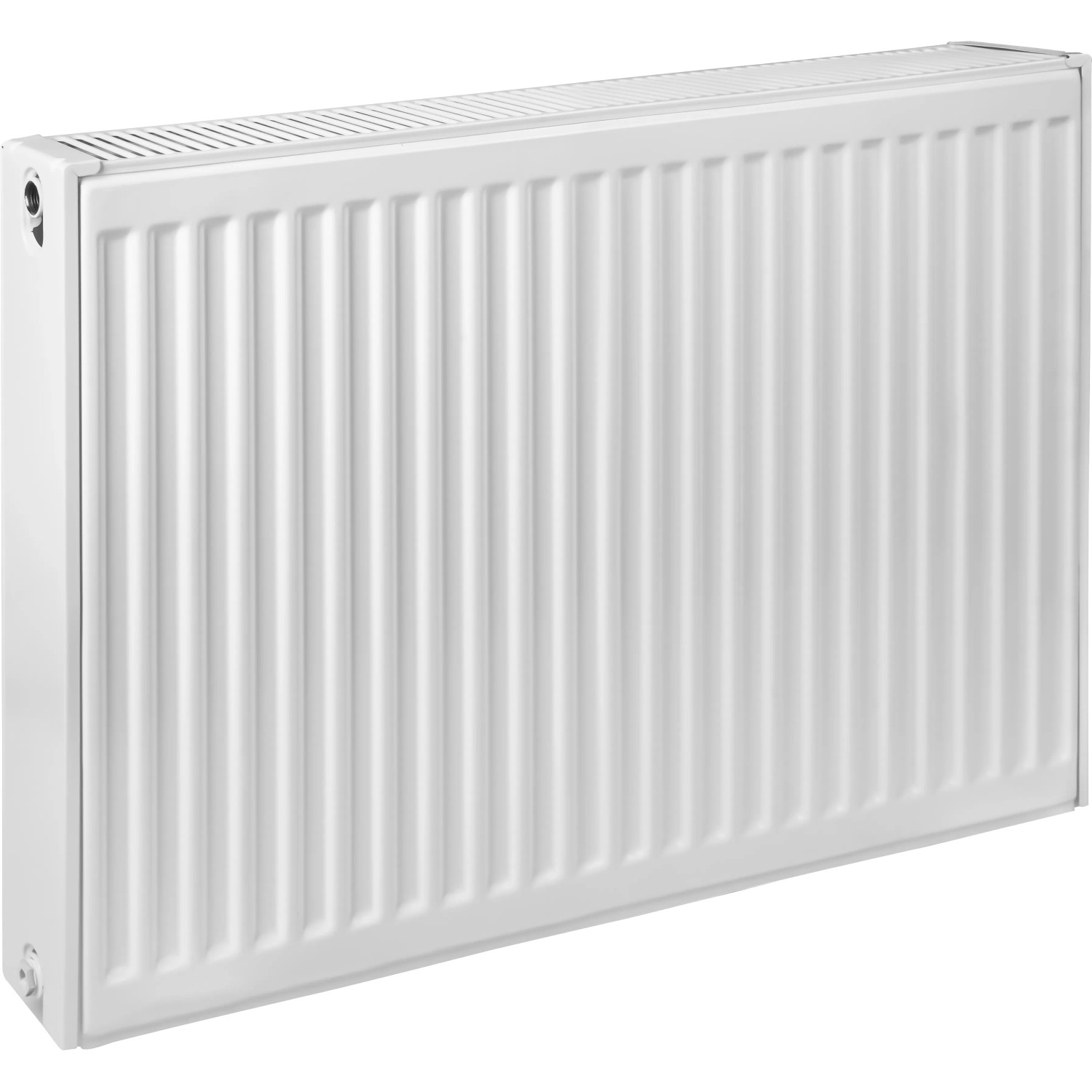 Weißer Heizkörper, 60x80 cm, Type 22. Kompakte Bauweise mit vertikalen Rippen für effiziente Wärme.