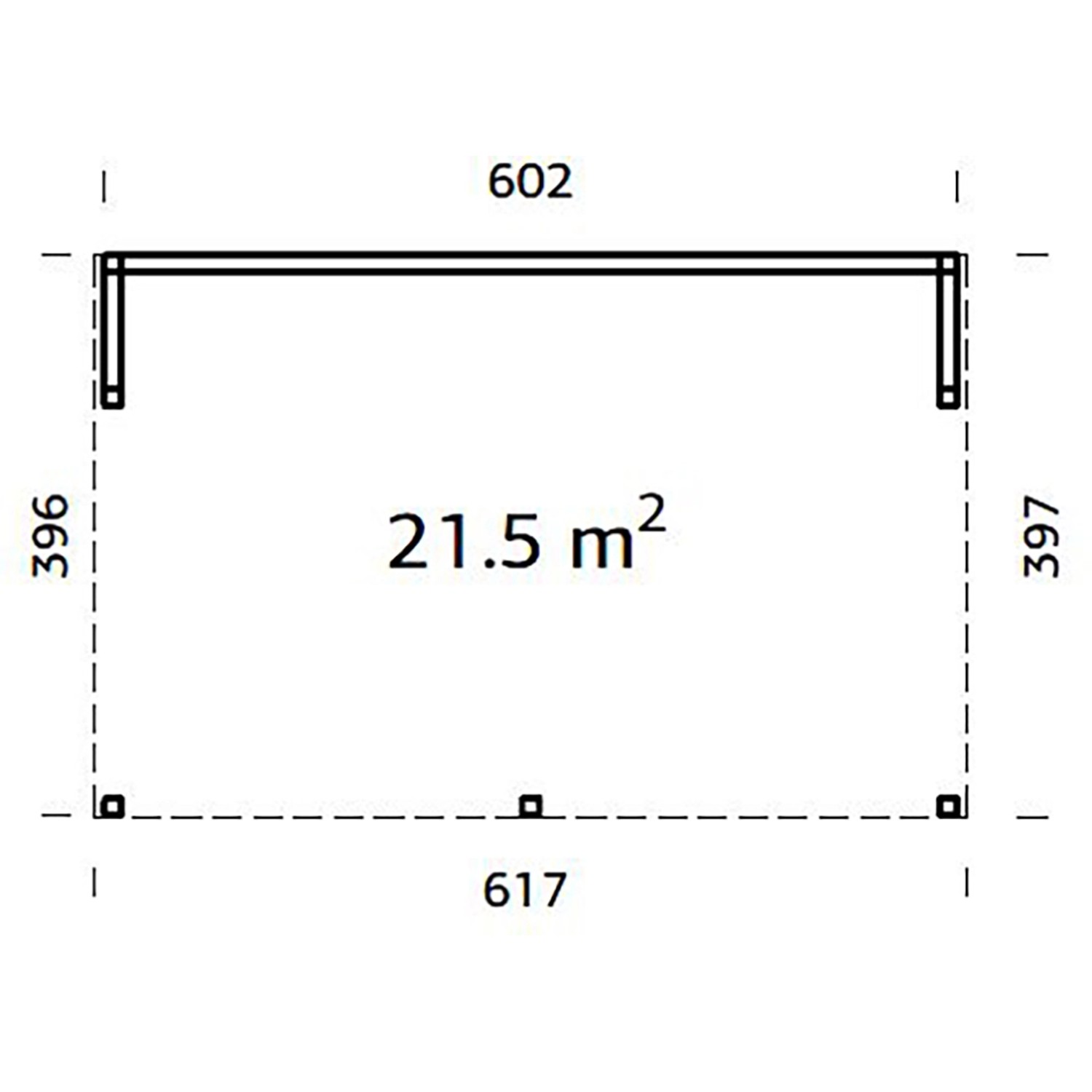 Grundriss Palmako Pavillon Nova 21,5 m²: Maße und Details der Gartenlaube aus Holz.