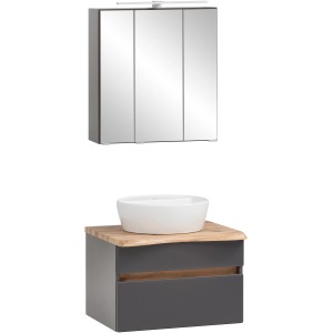 Held Möbel Waschtisch-Set Trient, 60 cm, grau/Wotaneiche mit Spiegelschrank und Aufsatzbecken.