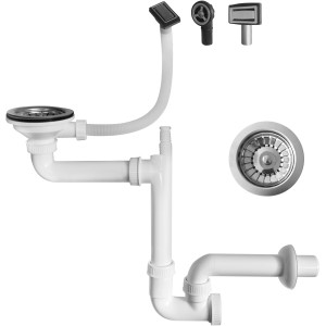 Miló Röhrensiphon-Set (Ø 114 mm) für Spüle mit Edelstahl Ab- und Überlaufgarnitur und Plastikrohren.