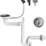 Miló Röhrensiphon-Set (Ø 114 mm) für Spüle mit Edelstahl Ab- und Überlaufgarnitur und Plastikrohren.