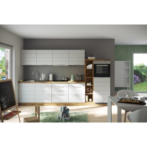 Moderne Held Möbel Küchenzeile 330 cm in Weiß-Wotaneiche mit E-Geräten.