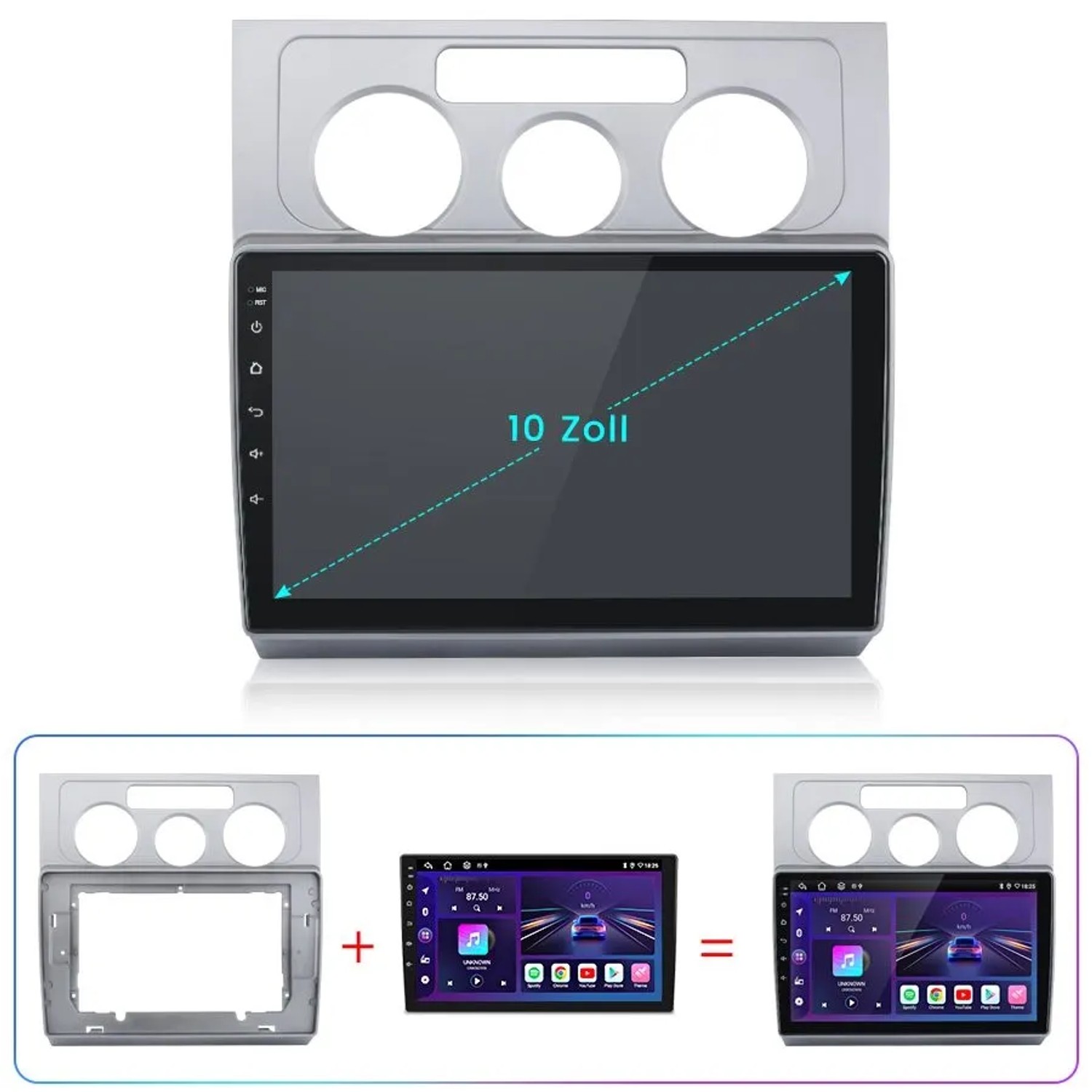 Junsun Autoradio mit 10-Zoll-Touchscreen und Einbaurahmen für VW Touran 1. Unterstützt CarPlay, Android Auto, Navigation.