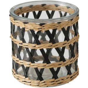 Windlicht Zima von Boltze, 12 cm, schwarz-natur, aus Glas mit Papier-Umwicklung.