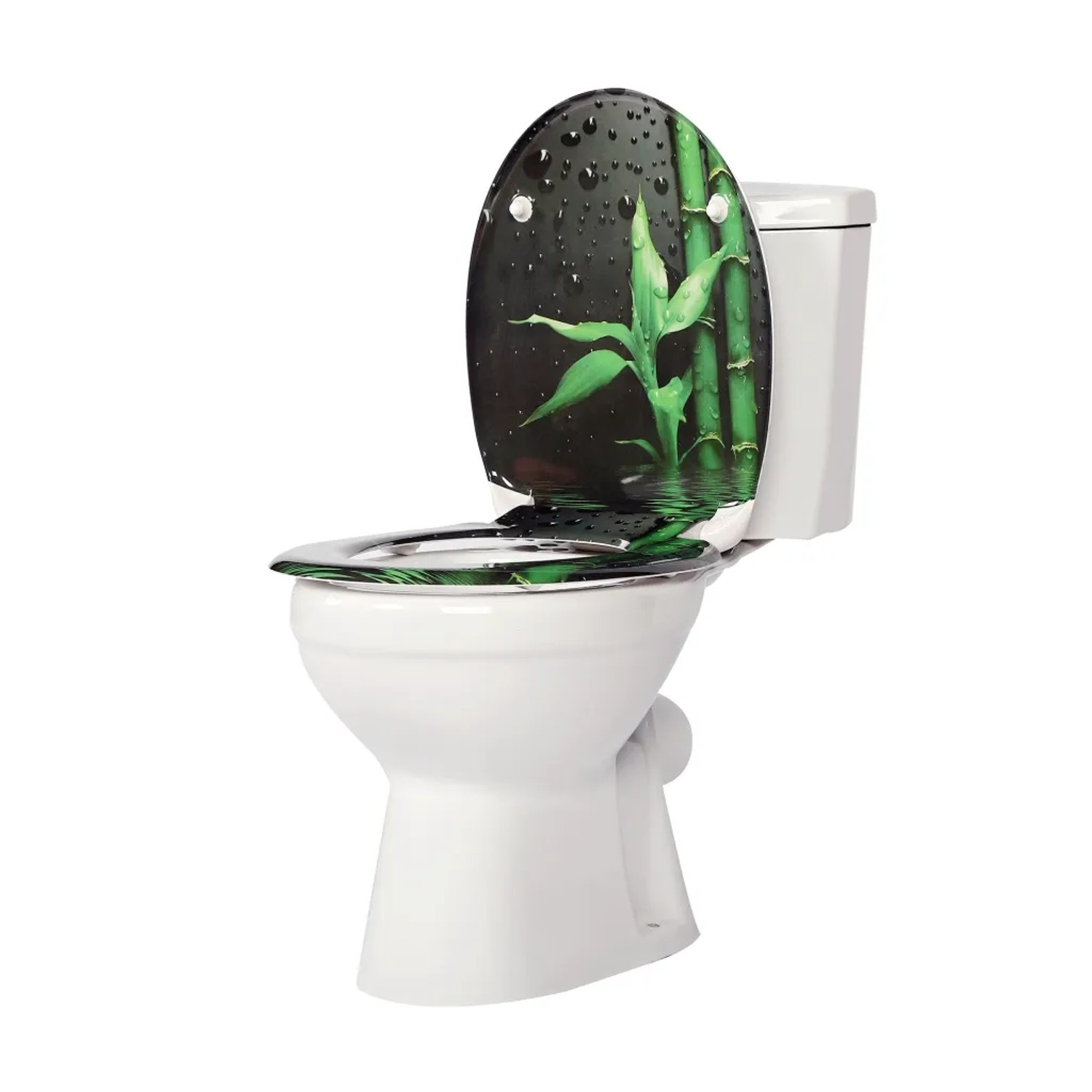 Glänzender Duroplast WC-Sitz mit Absenkautomatik, Bambus-Motiv und Wassertropfen. Robust, leicht zu reinigen.