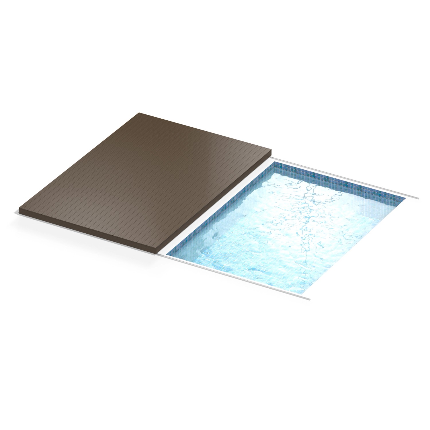 Begehbare Poolabdeckung mit braunen Terrassendielen und Laufschiene.