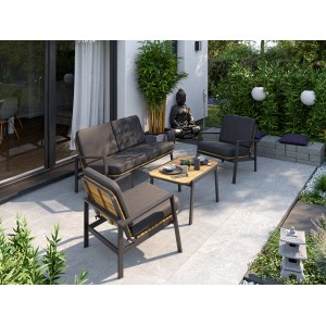 4-teiliges Lounge-Set Olary aus Akazienholz und Aluminium in Schwarz mit grauen Kissen.