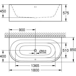 Technische Zeichnung der Grohe Essence Badewanne 180x85 cm, Vorwandversion mit Überlauf, Maße und Details.