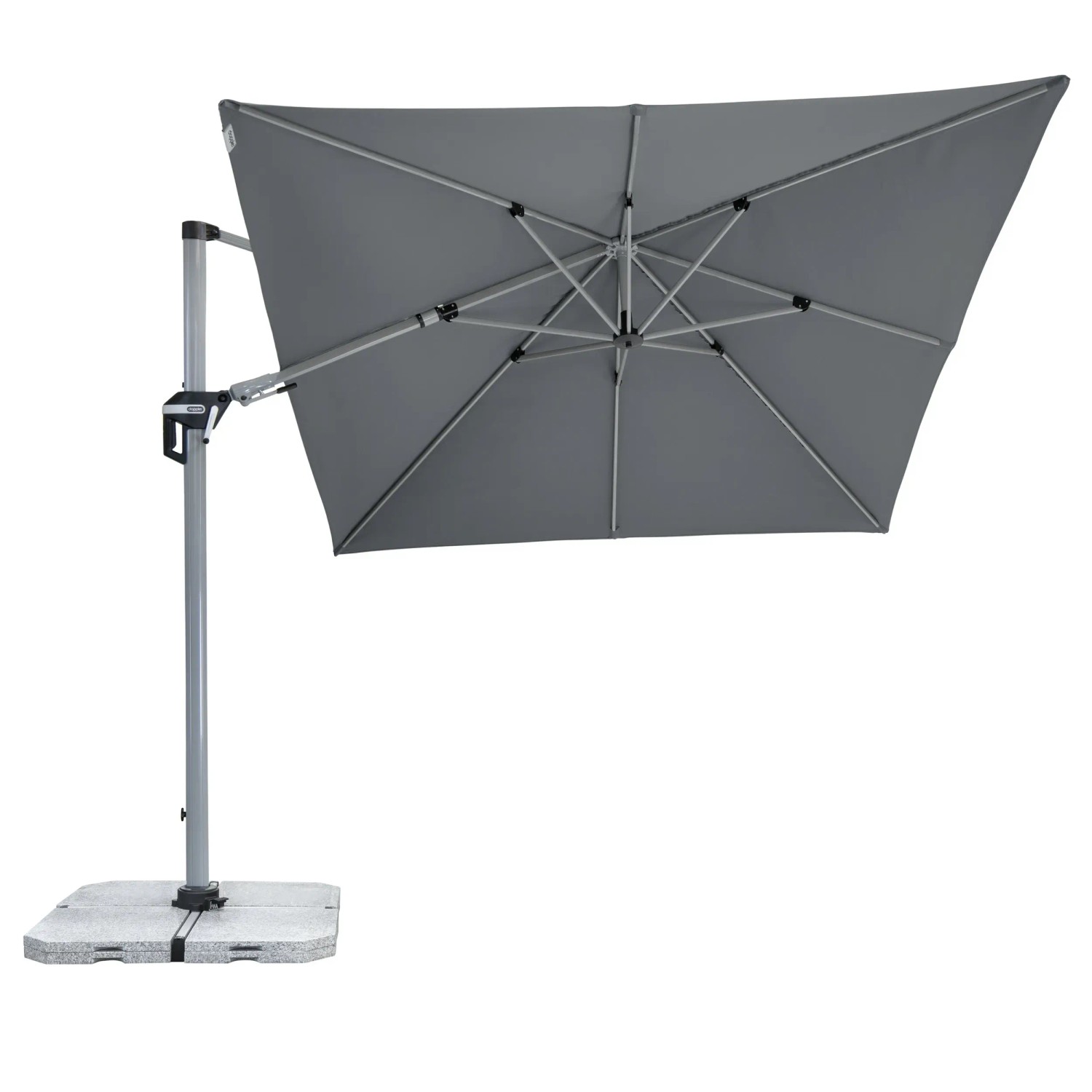 Anthrazitfarbener Doppler Ampelschirm Active II 260x350 cm mit Kurbel und drehbarem Mast.