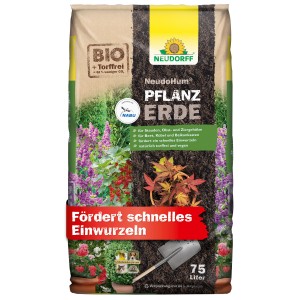 Sack Neudorff NeudoHum Pflanzerde, 75 l, torffrei, mit Pflanzenmotiven und Schaufel.