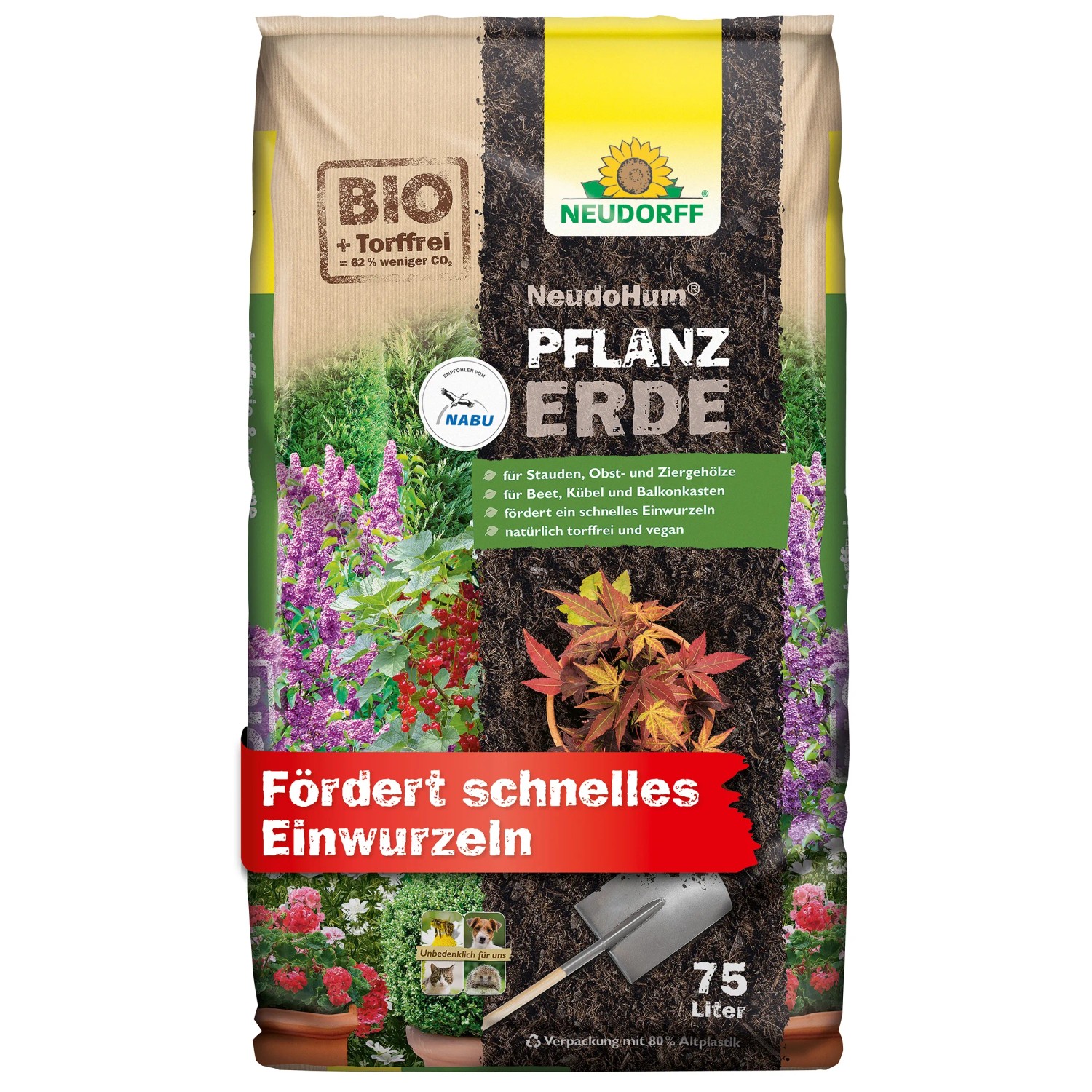 Sack Neudorff NeudoHum Pflanzerde, 75 l, torffrei, mit Pflanzenmotiven und Schaufel.