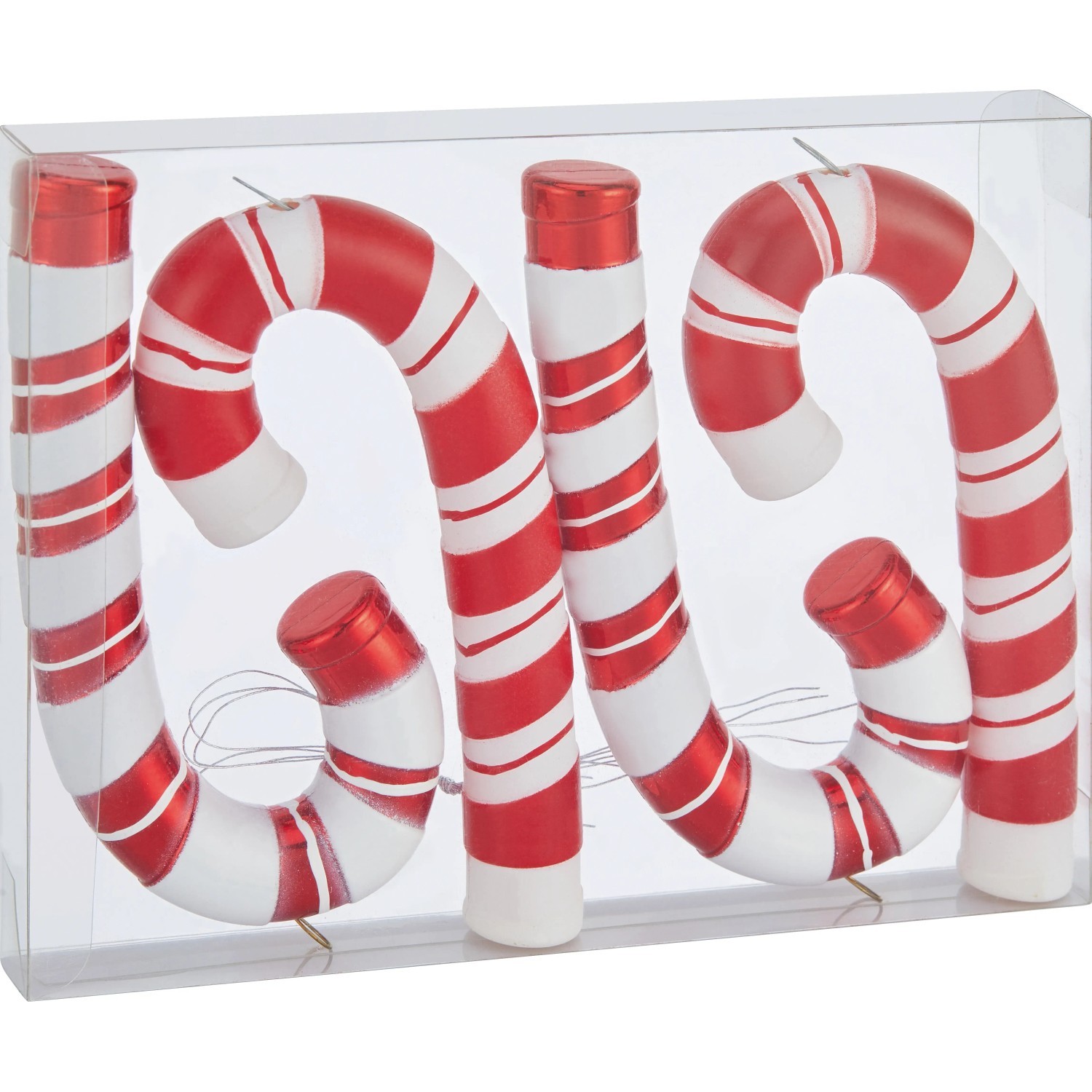 Baumschmuck-Set: 4 rot-weiße Zuckerstangen aus Kunststoff für den Weihnachtsbaum.