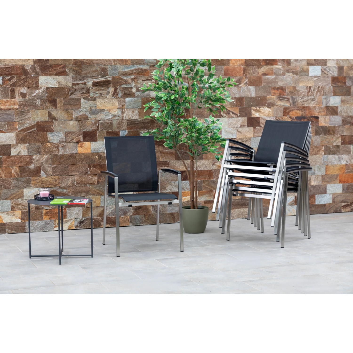 Acamp Stapelsessel Auris 6er-Set, Gartenstühle mit Edelstahlgestell und schwarzem Acatex-Gewebe.