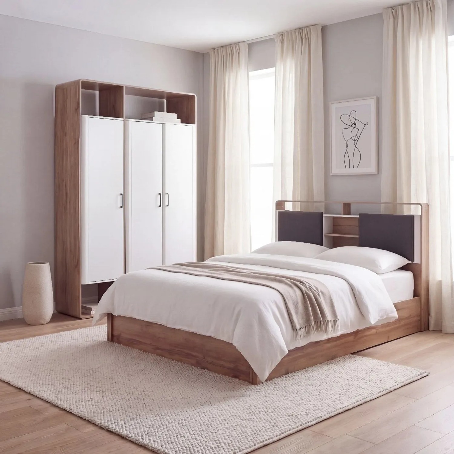 MCW Schrank P43 mit 3 weißen Türen, Wotan-Eiche-Optik Rahmen und schwarzen Griffen. Moderner Garderobenschrank mit offenen Fächern.
