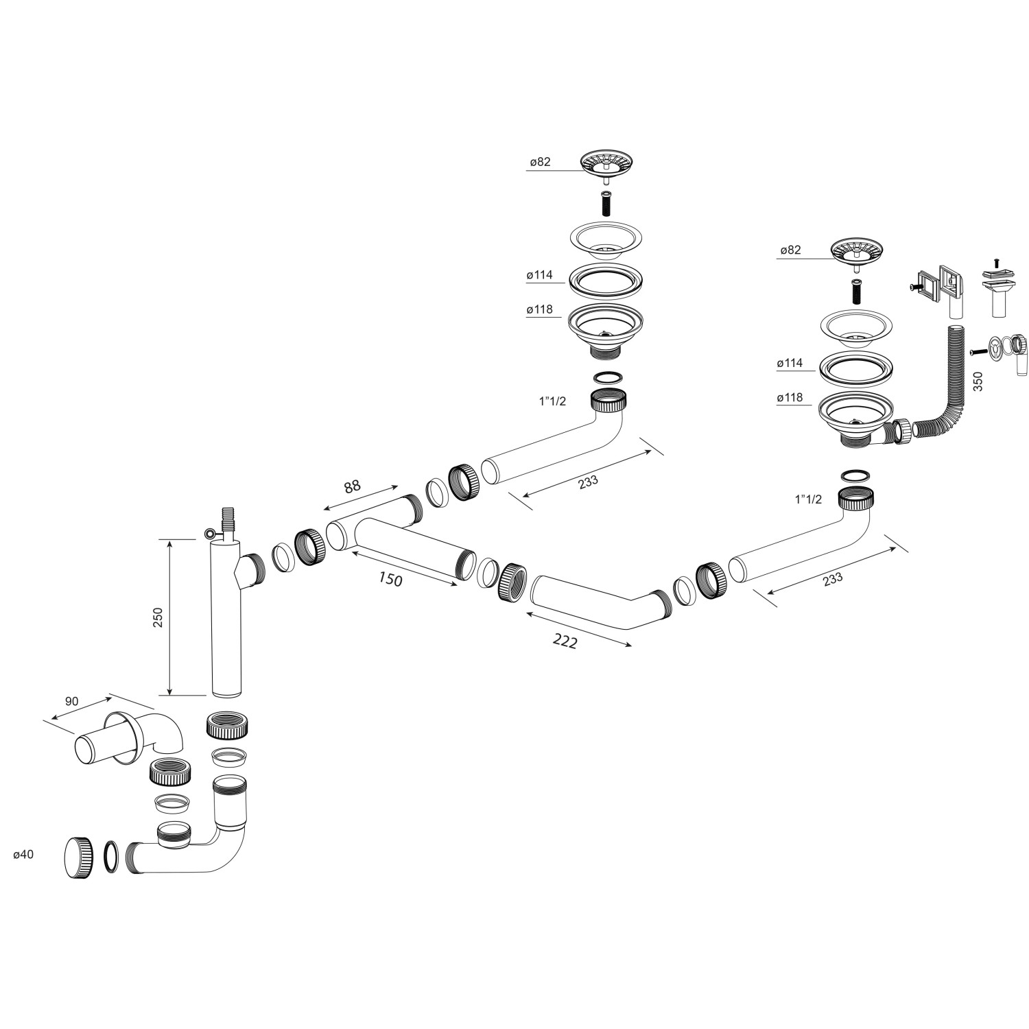 Miló Röhrensiphon-Set für Doppelbecken, schematische Darstellung mit Maßen.