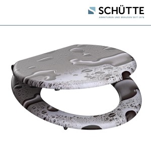 Schütte MDF WC-Sitz Grey Steel mit Absenkautomatik, graue Holzoptik mit Wassertropfen.