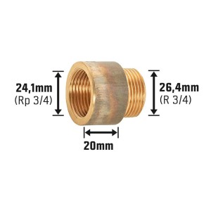 Hahnverlängerung aus Rotguss, 24,1 mm x 26,4 mm, 20 mm lang, für Gewindefittings.