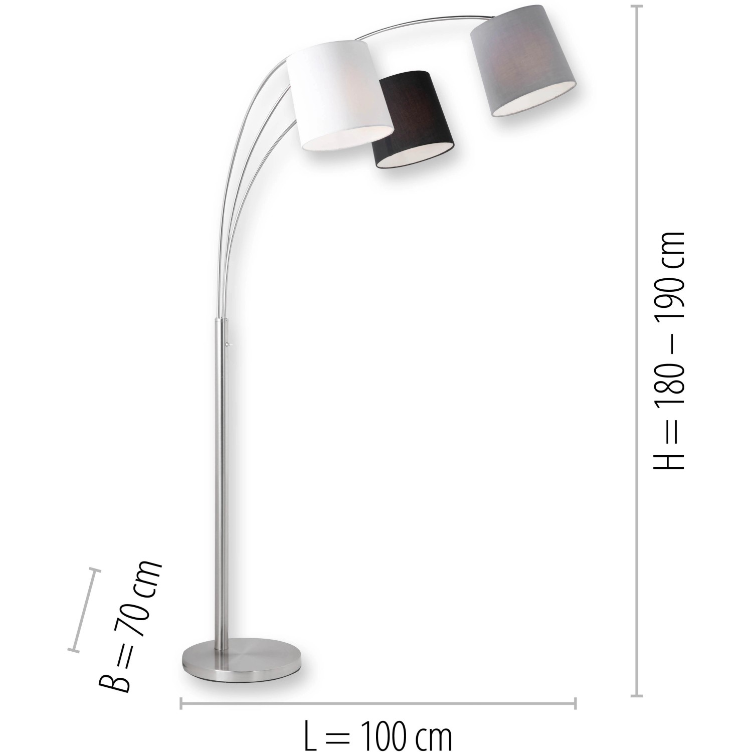 Just Light LED-Stehleuchte Melvin, 3-flammig, mit Stoffschirmen in Grau, Schwarz und Weiß.