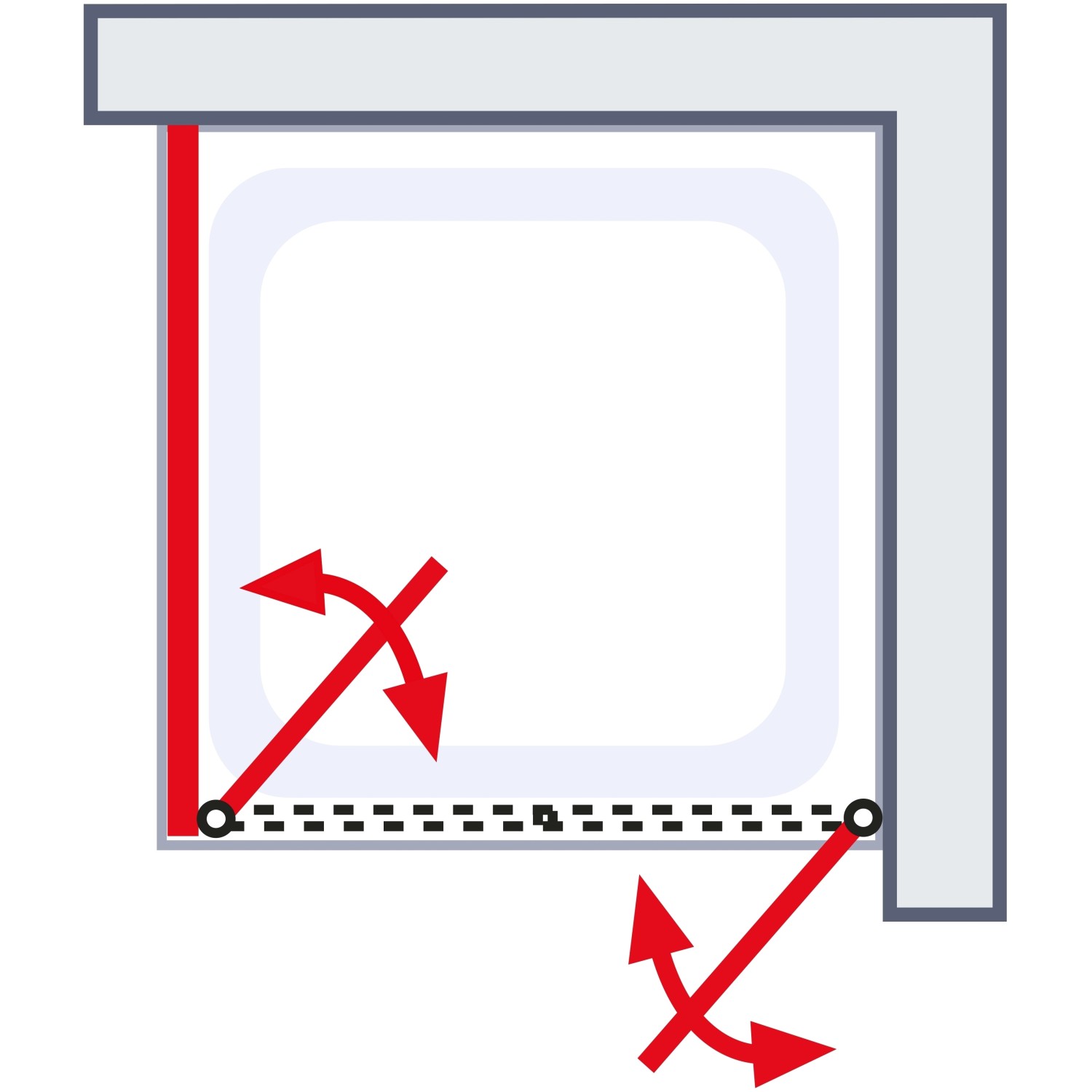 Skizze: Schulte ExpressPlus Pendeltür mit Seitenwand, Chromoptik, Drehrichtung der Tür.