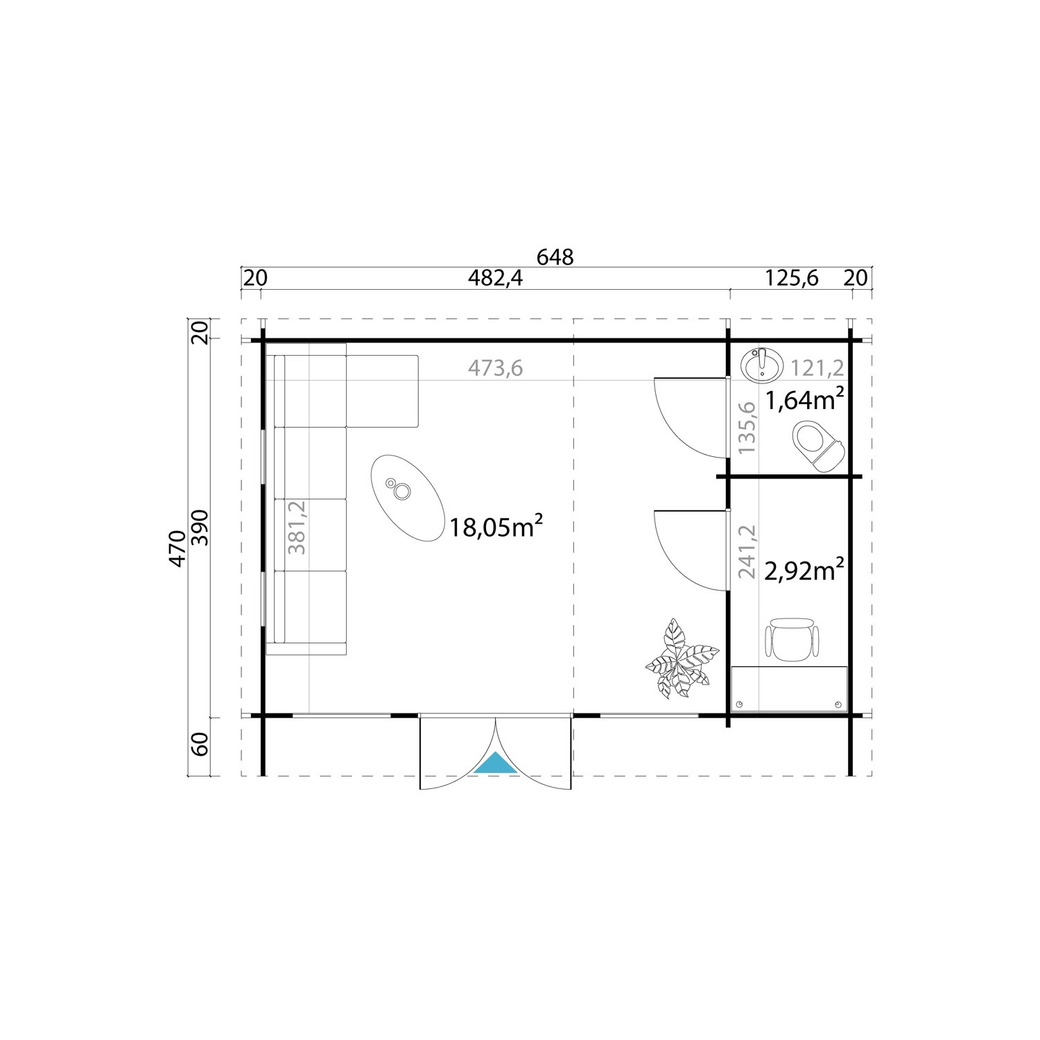 Grundriss Gartenhaus Lasita Maja Japan, lichtgrau, 608x390 cm, mit Maßen und Raumaufteilung.