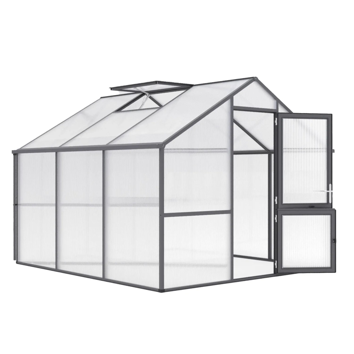 KGT Gewächshaus Nelke III in Anthrazit-Grau, 2,97x3,23m mit geöffneter Tür und Dachfenster.