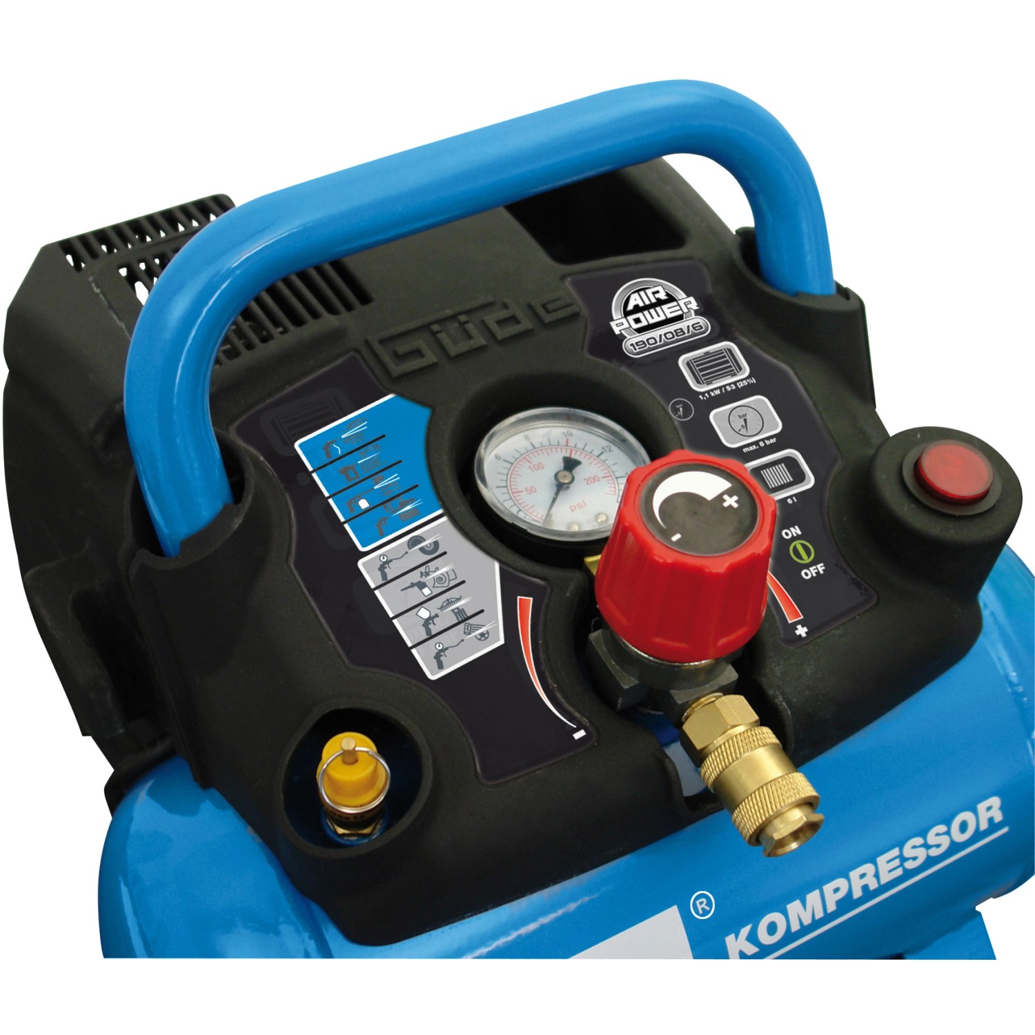 Detailaufnahme des Güde Airpower 190/08/6 Kompressors mit Manometer und Bedienelementen.