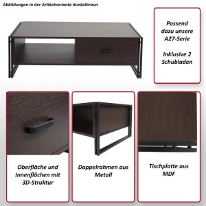 Dunkelbrauner MCW Couchtisch A27 mit Metallrahmen und zwei Schubladen.