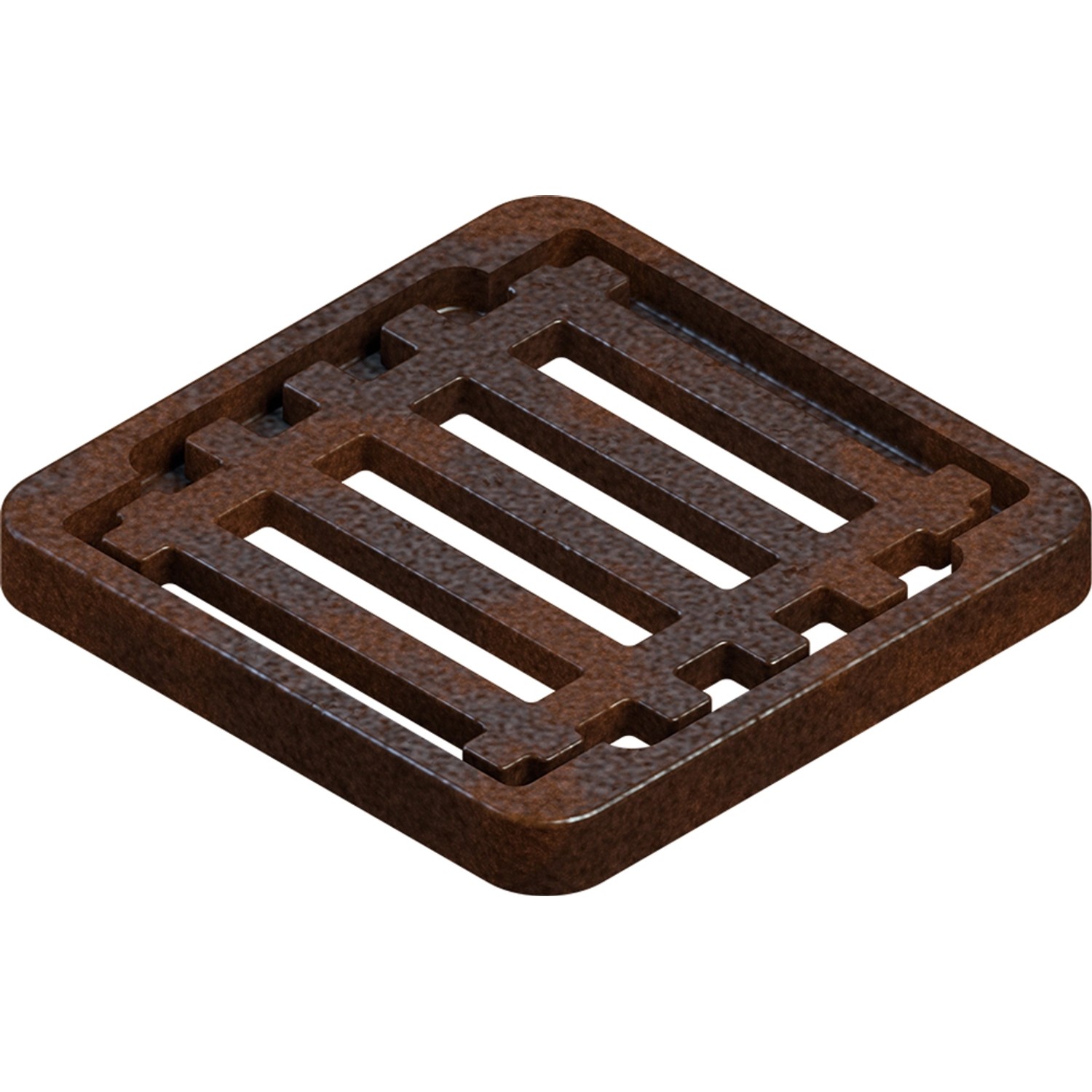 Quadratischer, rostfarbener Gitterrost aus Metall mit Streben.