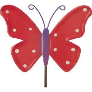 Gartenstecker Schmetterling in Rosa-Violett mit weißen Punkten, Gartendeko aus Eisen.