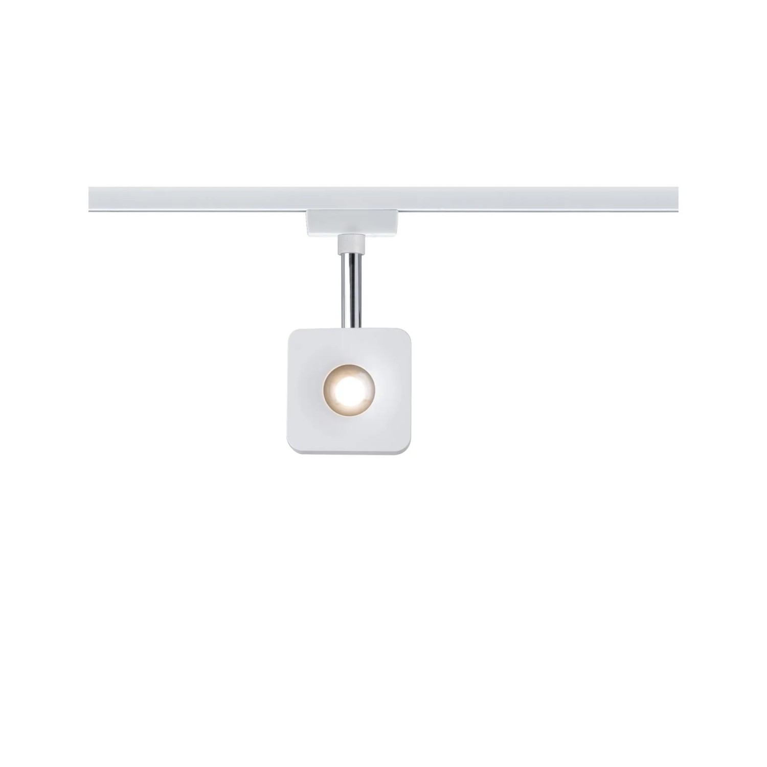 Weißer Paulmann URail LED Spot Cube (8W) an Schiene. Dimmbare Schienenleuchte für URail Schienensysteme.