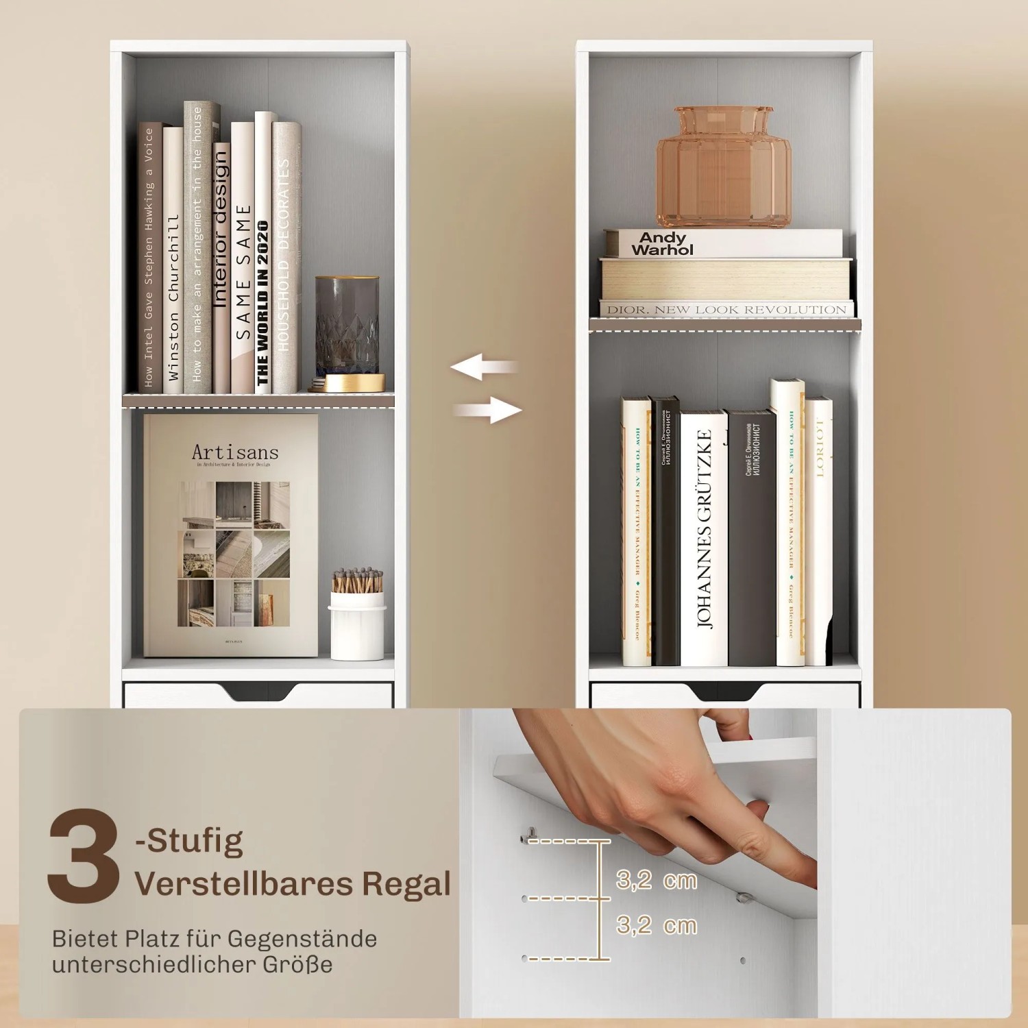 Weißes HOMCOM Bücherregal aus Spanplatte mit 3-fach verstellbarem Regal und Schublade. Schmale Aufbewahrung für Bücher.