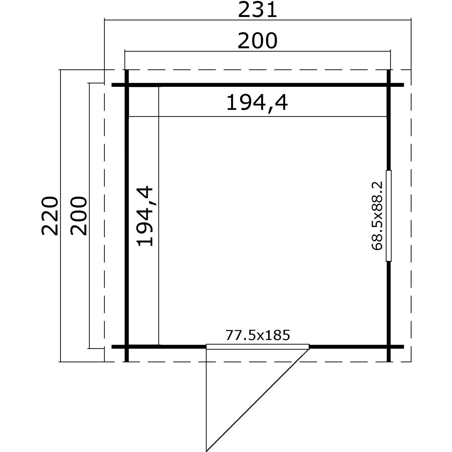 Grundriss Lasita Holz-Gartenhaus Wels 1, 231x220 cm, Schwedenrot. Abmessungen und Türposition.