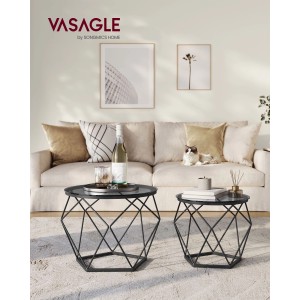 Vasagle 2er Set Wohnzimmertische, rund, grau-schwarz, mit Stahlgestell und Glasplatte.