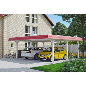 Weißer Skan Holz Doppelcarport Wendland mit roter Blende und zwei geparkten Autos.