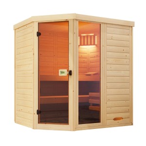 Weka Elementsauna Laukkala 2 Sparset mit Ofen und Leuchtenset, Fichtenholz mit Glastür.