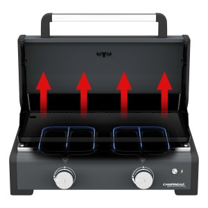 Campingaz Plancha Onyx 2 Gasgrill mit geöffnetem Deckel und blauen Flammen.