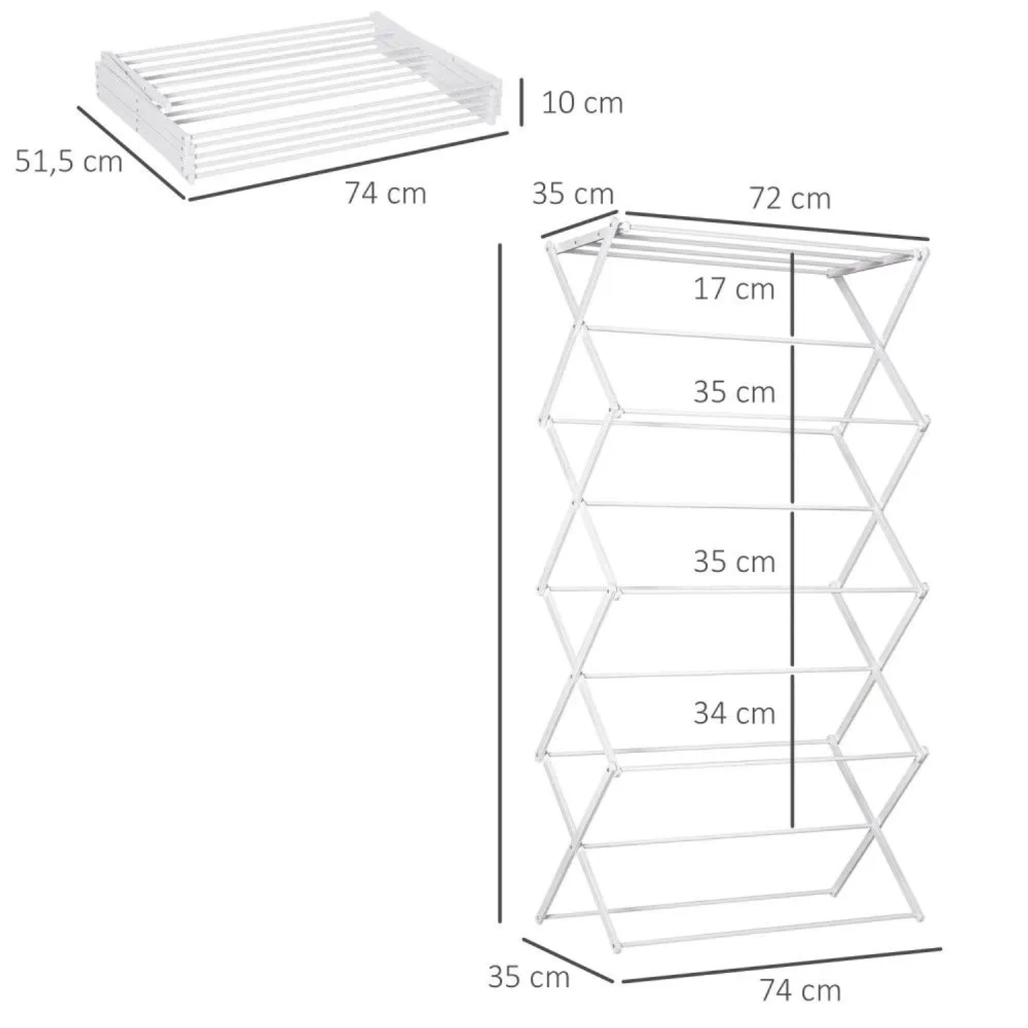Weißer HOMCOM Wäscheständer, 8-stufig, faltbar, aus Metall und Kunststoff. Maße 74x35x144 cm. Ideal zum Waschen & Trocknen.