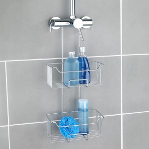 Wenko Milo Dusch-Caddy mit 2 Ablagen aus Edelstahl, hängend an Duscharmatur.