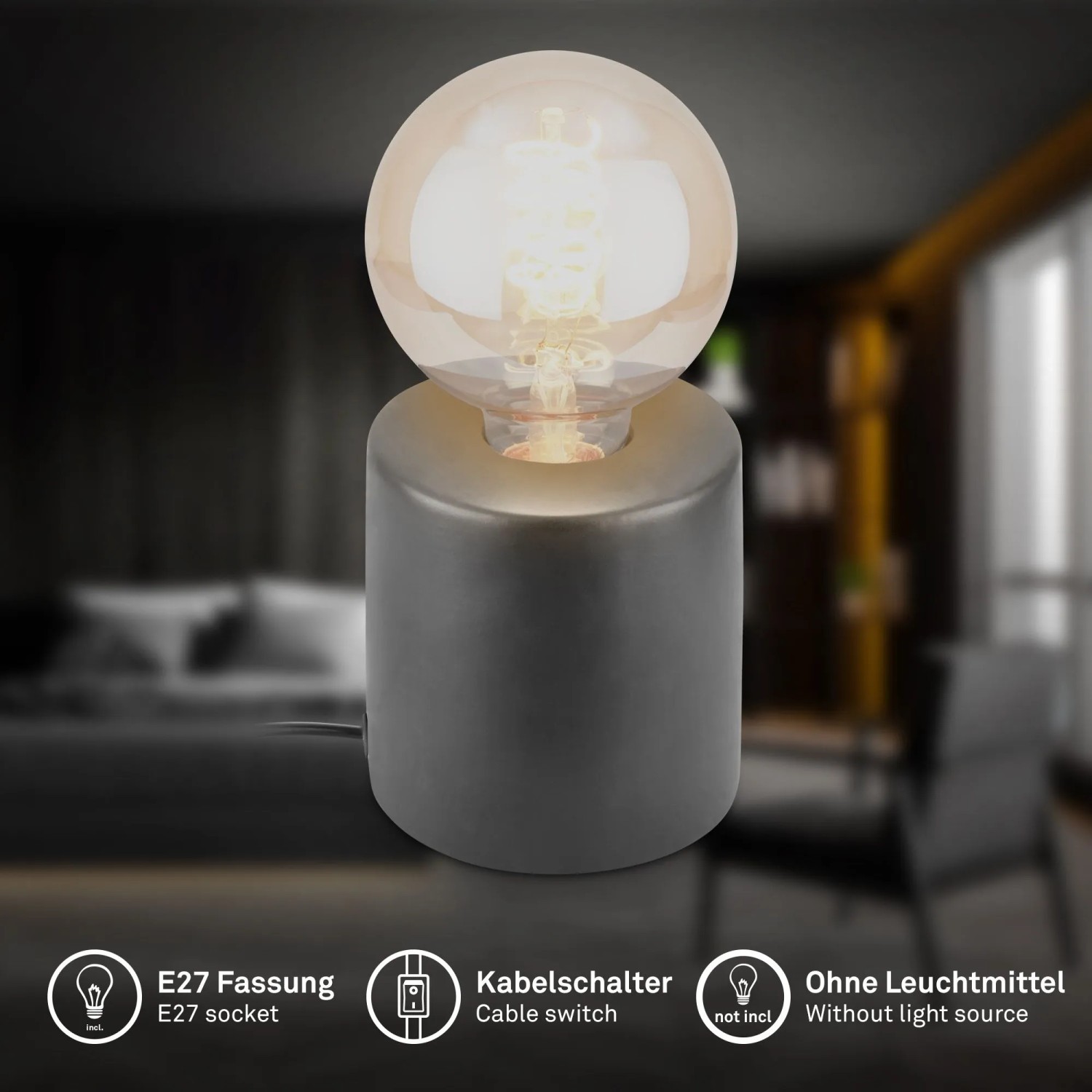 Anthrazitfarbene Brilo Tischleuchte Tubo aus Keramik, Ø 10 cm. Designlampe für E27 Leuchtmittel.