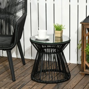 Outsunny Ratten Beistelltisch Eisen PE-Rattan Glas Schwarz 40L x 40B x 42H cm